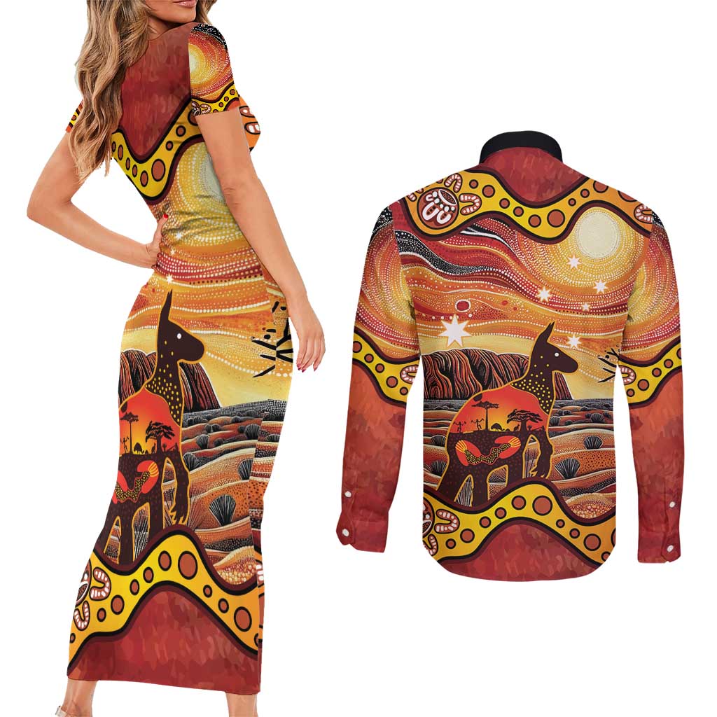 Northern Territory Uluru Couples Matching Short Sleeve Bodycon Dress and Long Sleeve Button Shirt Ayers Rock Kangaroo Aboriginal Art
