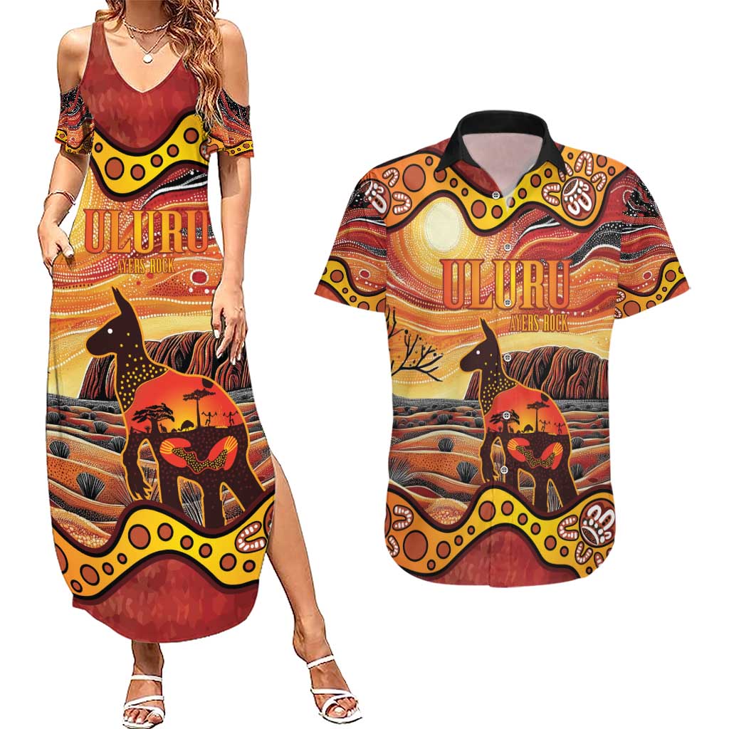 Northern Territory Uluru Couples Matching Summer Maxi Dress and Hawaiian Shirt Ayers Rock Kangaroo Aboriginal Art