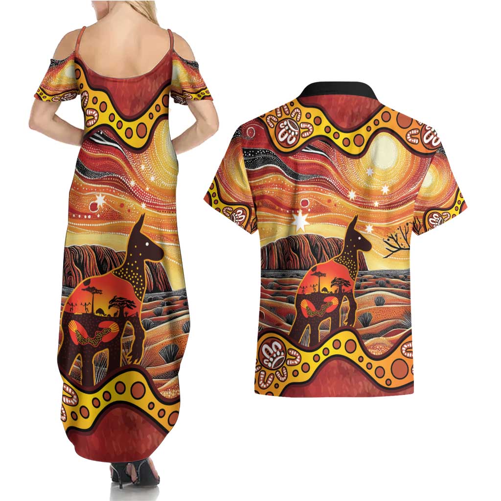 Northern Territory Uluru Couples Matching Summer Maxi Dress and Hawaiian Shirt Ayers Rock Kangaroo Aboriginal Art
