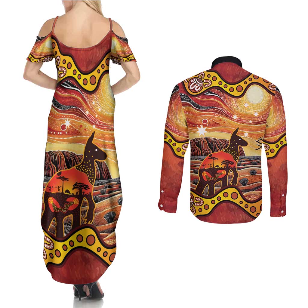 Northern Territory Uluru Couples Matching Summer Maxi Dress and Long Sleeve Button Shirt Ayers Rock Kangaroo Aboriginal Art
