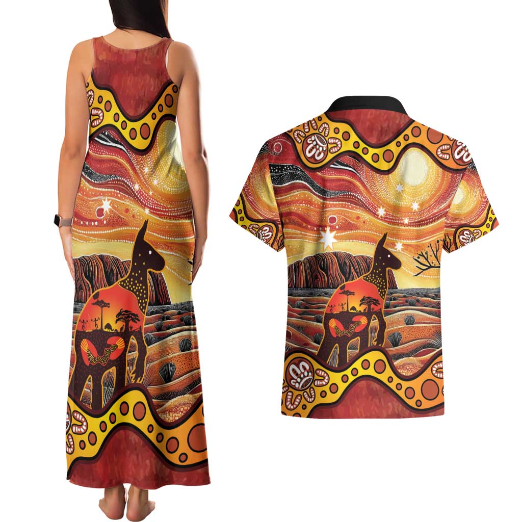 Northern Territory Uluru Couples Matching Tank Maxi Dress and Hawaiian Shirt Ayers Rock Kangaroo Aboriginal Art