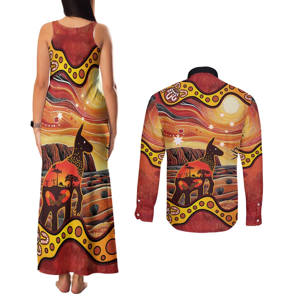 Northern Territory Uluru Couples Matching Tank Maxi Dress and Long Sleeve Button Shirt Ayers Rock Kangaroo Aboriginal Art