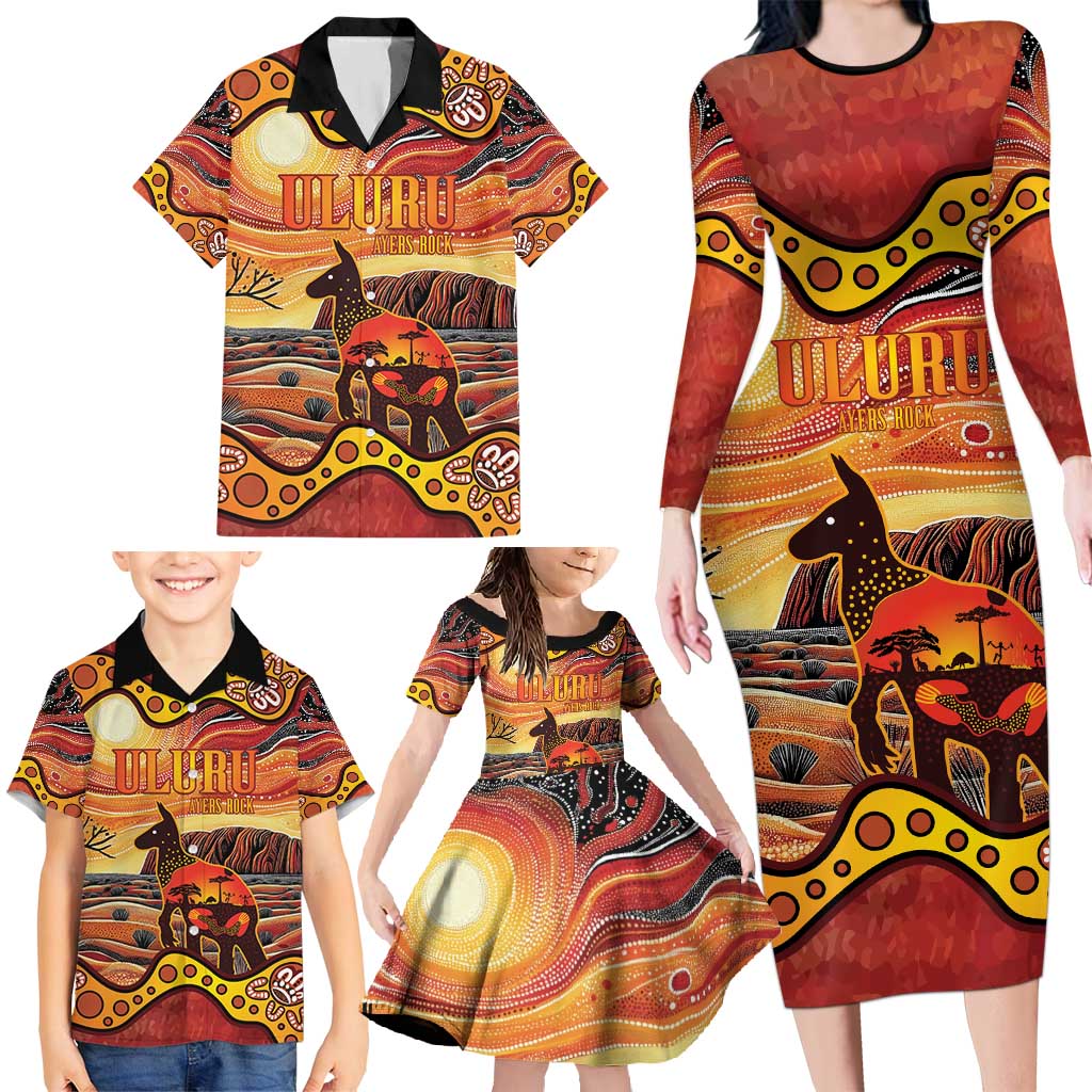 Northern Territory Uluru Family Matching Long Sleeve Bodycon Dress and Hawaiian Shirt Ayers Rock Kangaroo Aboriginal Art