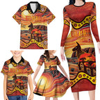 Northern Territory Uluru Family Matching Long Sleeve Bodycon Dress and Hawaiian Shirt Ayers Rock Kangaroo Aboriginal Art