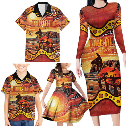 Northern Territory Uluru Family Matching Long Sleeve Bodycon Dress and Hawaiian Shirt Ayers Rock Kangaroo Aboriginal Art