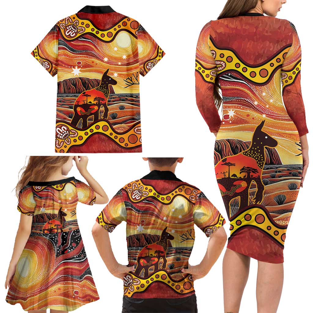 Northern Territory Uluru Family Matching Long Sleeve Bodycon Dress and Hawaiian Shirt Ayers Rock Kangaroo Aboriginal Art