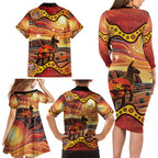 Northern Territory Uluru Family Matching Long Sleeve Bodycon Dress and Hawaiian Shirt Ayers Rock Kangaroo Aboriginal Art