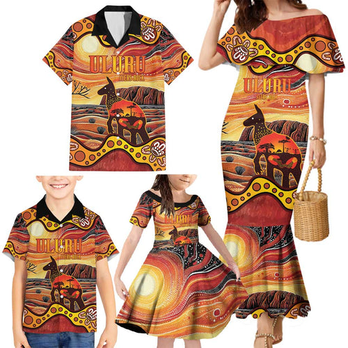 Northern Territory Uluru Family Matching Mermaid Dress and Hawaiian Shirt Ayers Rock Kangaroo Aboriginal Art