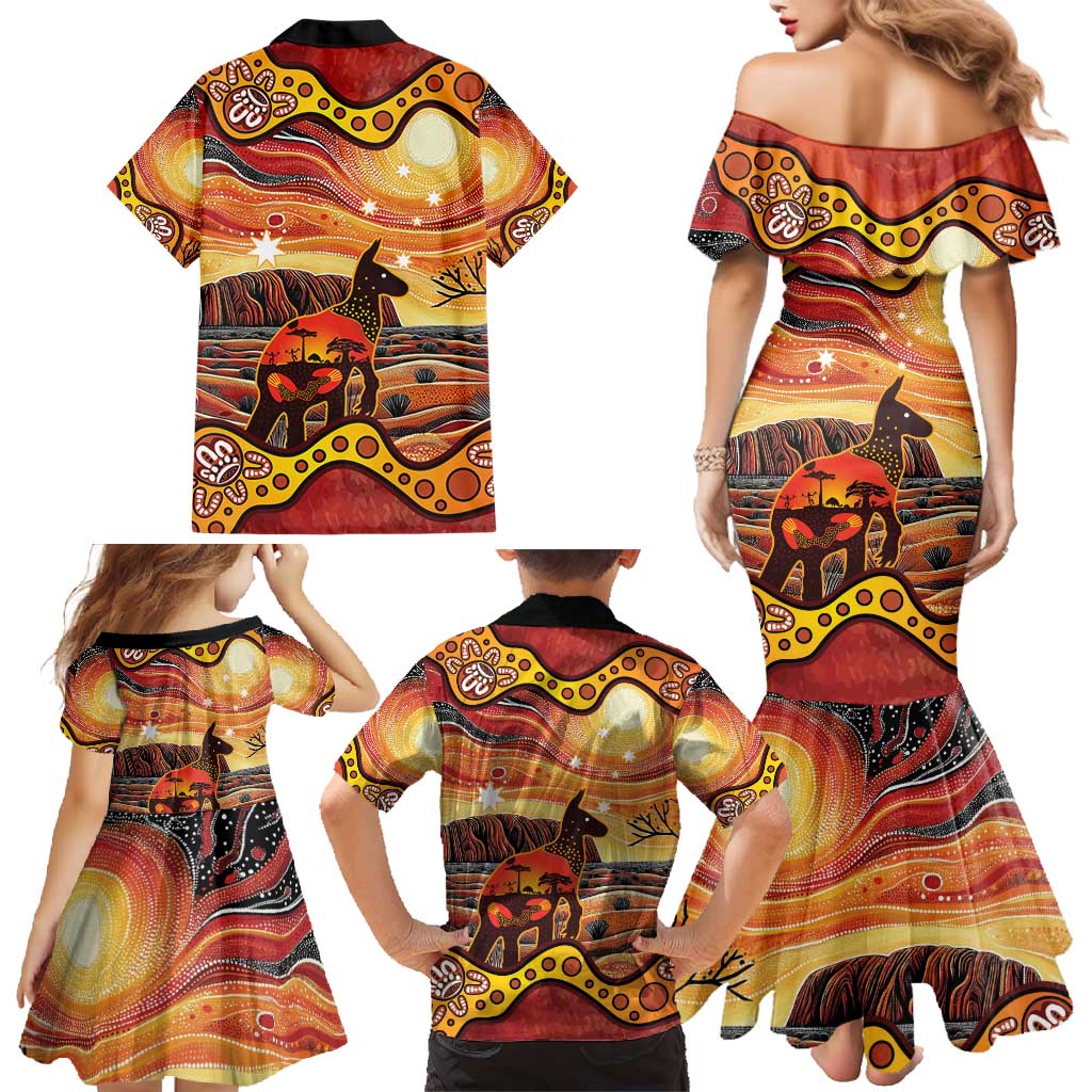 Northern Territory Uluru Family Matching Mermaid Dress and Hawaiian Shirt Ayers Rock Kangaroo Aboriginal Art