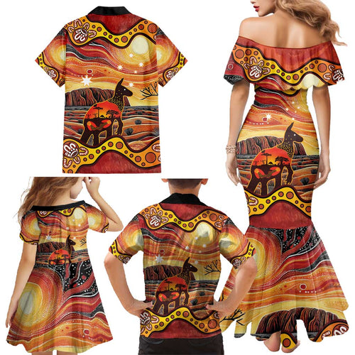 Northern Territory Uluru Family Matching Mermaid Dress and Hawaiian Shirt Ayers Rock Kangaroo Aboriginal Art
