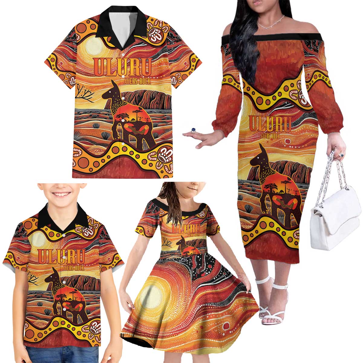 Northern Territory Uluru Family Matching Off The Shoulder Long Sleeve Dress and Hawaiian Shirt Ayers Rock Kangaroo Aboriginal Art