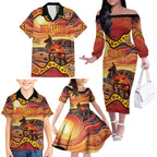 Northern Territory Uluru Family Matching Off The Shoulder Long Sleeve Dress and Hawaiian Shirt Ayers Rock Kangaroo Aboriginal Art