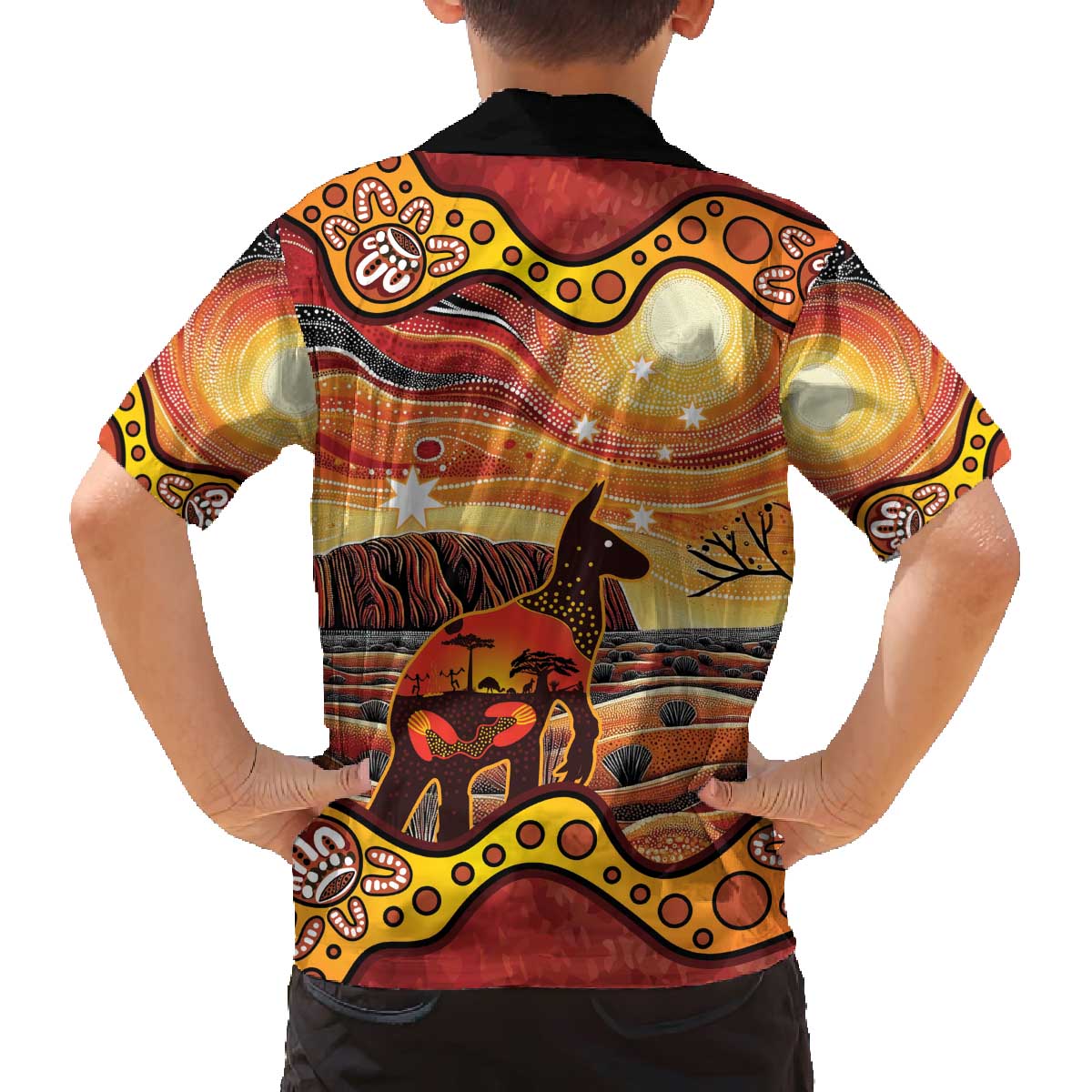 Northern Territory Uluru Family Matching Off The Shoulder Long Sleeve Dress and Hawaiian Shirt Ayers Rock Kangaroo Aboriginal Art