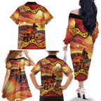 Northern Territory Uluru Family Matching Off The Shoulder Long Sleeve Dress and Hawaiian Shirt Ayers Rock Kangaroo Aboriginal Art