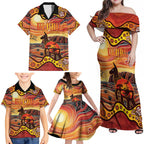 Northern Territory Uluru Family Matching Off Shoulder Maxi Dress and Hawaiian Shirt Ayers Rock Kangaroo Aboriginal Art