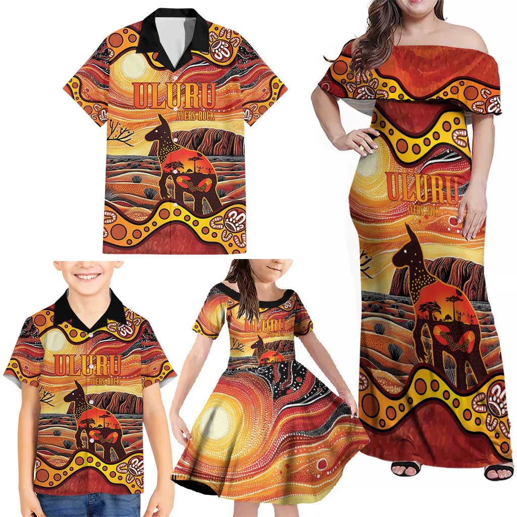 Northern Territory Uluru Family Matching Off Shoulder Maxi Dress and Hawaiian Shirt Ayers Rock Kangaroo Aboriginal Art