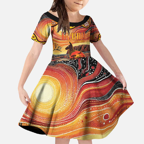 Northern Territory Uluru Family Matching Off Shoulder Maxi Dress and Hawaiian Shirt Ayers Rock Kangaroo Aboriginal Art