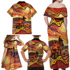 Northern Territory Uluru Family Matching Off Shoulder Maxi Dress and Hawaiian Shirt Ayers Rock Kangaroo Aboriginal Art