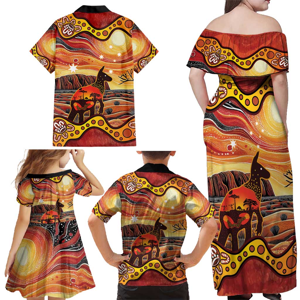 Northern Territory Uluru Family Matching Off Shoulder Maxi Dress and Hawaiian Shirt Ayers Rock Kangaroo Aboriginal Art