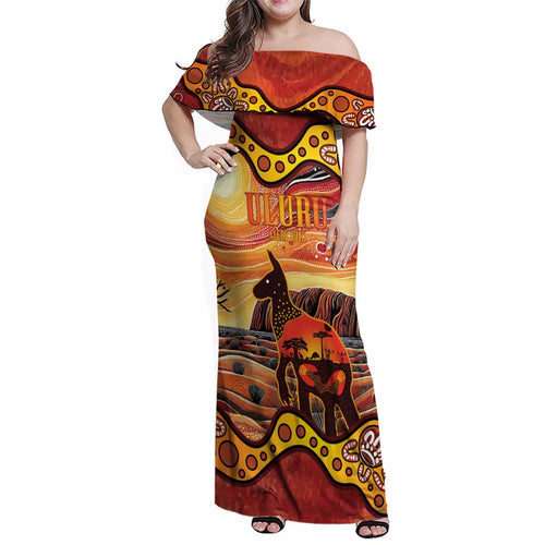 Northern Territory Uluru Family Matching Off Shoulder Maxi Dress and Hawaiian Shirt Ayers Rock Kangaroo Aboriginal Art
