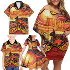 Northern Territory Uluru Family Matching Off Shoulder Short Dress and Hawaiian Shirt Ayers Rock Kangaroo Aboriginal Art