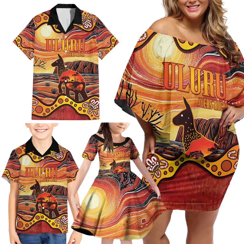 Northern Territory Uluru Family Matching Off Shoulder Short Dress and Hawaiian Shirt Ayers Rock Kangaroo Aboriginal Art