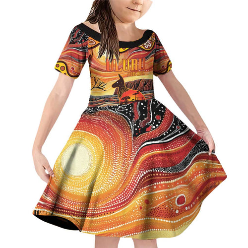 Northern Territory Uluru Family Matching Off Shoulder Short Dress and Hawaiian Shirt Ayers Rock Kangaroo Aboriginal Art