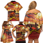Northern Territory Uluru Family Matching Off Shoulder Short Dress and Hawaiian Shirt Ayers Rock Kangaroo Aboriginal Art