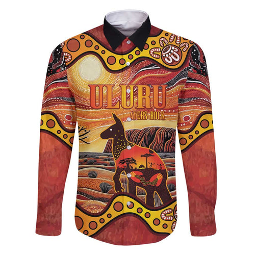Northern Territory Uluru Family Matching Off Shoulder Short Dress and Hawaiian Shirt Ayers Rock Kangaroo Aboriginal Art