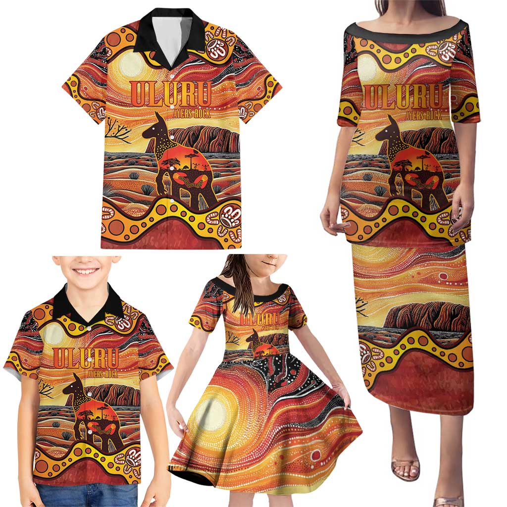 Northern Territory Uluru Family Matching Puletasi and Hawaiian Shirt Ayers Rock Kangaroo Aboriginal Art