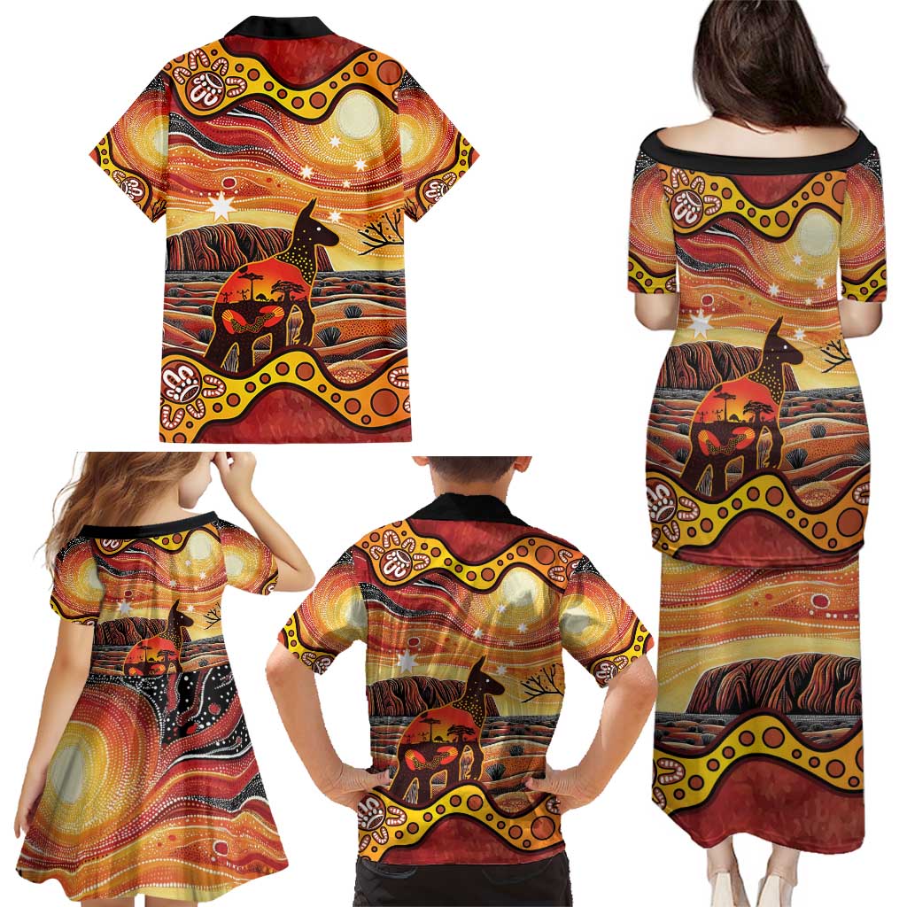 Northern Territory Uluru Family Matching Puletasi and Hawaiian Shirt Ayers Rock Kangaroo Aboriginal Art