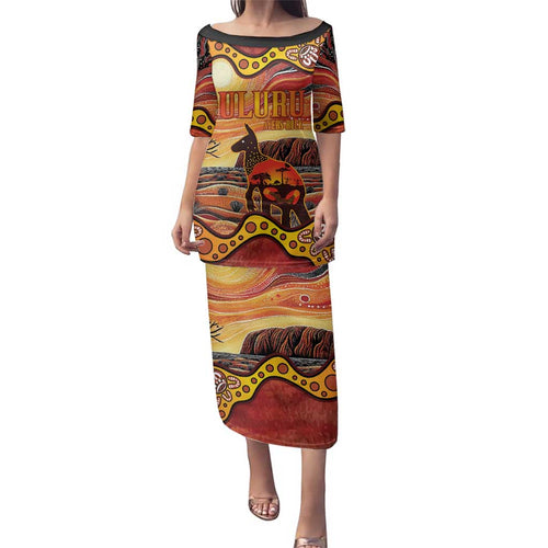 Northern Territory Uluru Family Matching Puletasi and Hawaiian Shirt Ayers Rock Kangaroo Aboriginal Art