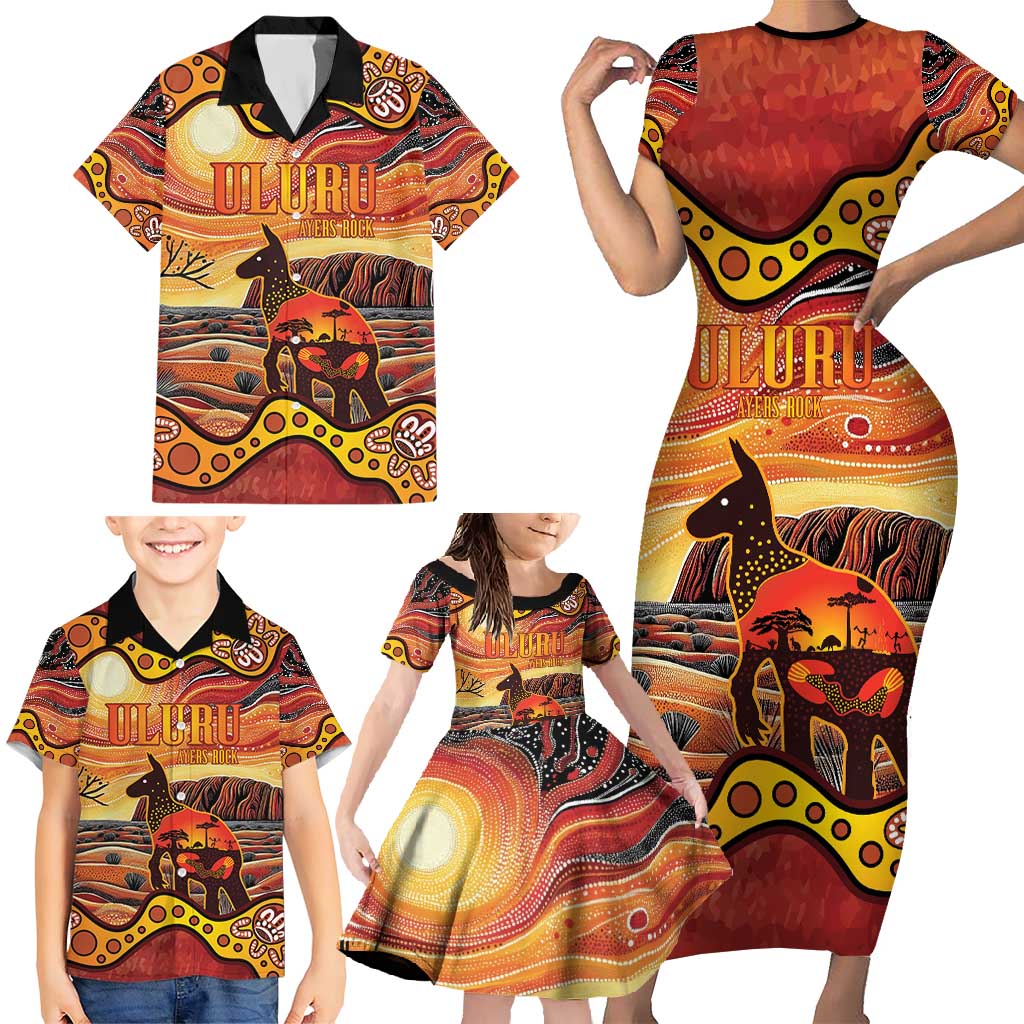 Northern Territory Uluru Family Matching Short Sleeve Bodycon Dress and Hawaiian Shirt Ayers Rock Kangaroo Aboriginal Art