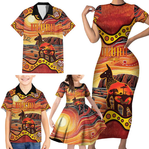 Northern Territory Uluru Family Matching Short Sleeve Bodycon Dress and Hawaiian Shirt Ayers Rock Kangaroo Aboriginal Art