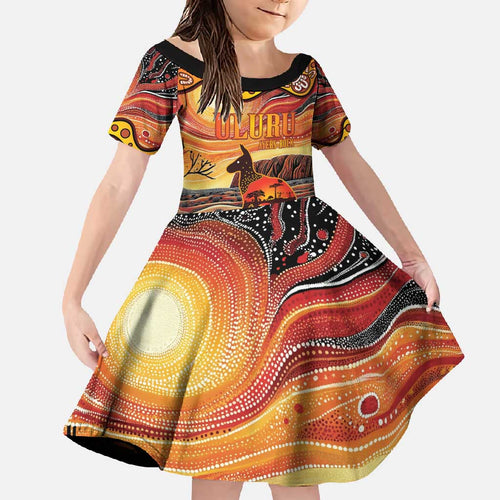 Northern Territory Uluru Family Matching Short Sleeve Bodycon Dress and Hawaiian Shirt Ayers Rock Kangaroo Aboriginal Art