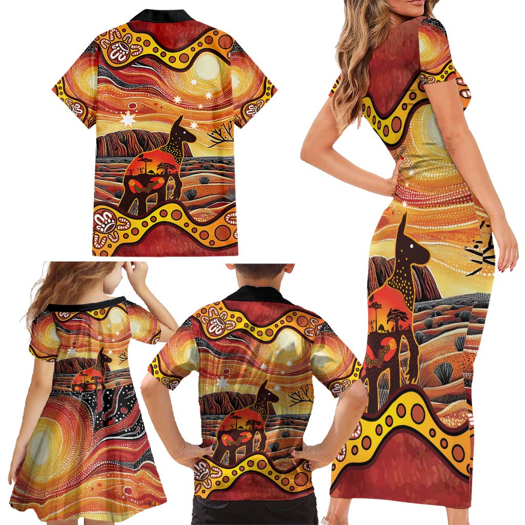Northern Territory Uluru Family Matching Short Sleeve Bodycon Dress and Hawaiian Shirt Ayers Rock Kangaroo Aboriginal Art