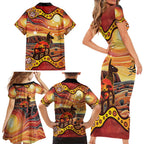 Northern Territory Uluru Family Matching Short Sleeve Bodycon Dress and Hawaiian Shirt Ayers Rock Kangaroo Aboriginal Art