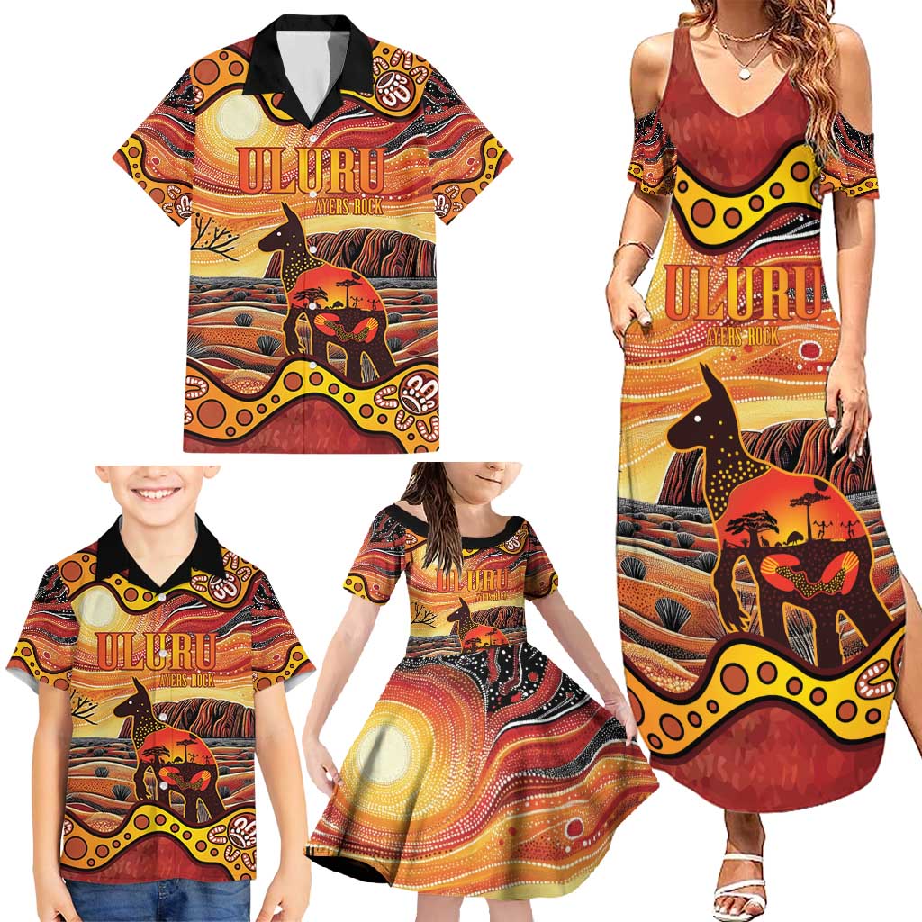 Northern Territory Uluru Family Matching Summer Maxi Dress and Hawaiian Shirt Ayers Rock Kangaroo Aboriginal Art
