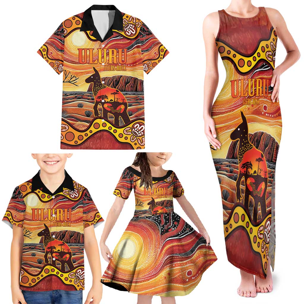Northern Territory Uluru Family Matching Tank Maxi Dress and Hawaiian Shirt Ayers Rock Kangaroo Aboriginal Art