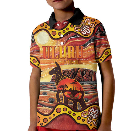 Northern Territory Uluru Kid Polo Shirt Ayers Rock Kangaroo Aboriginal Art