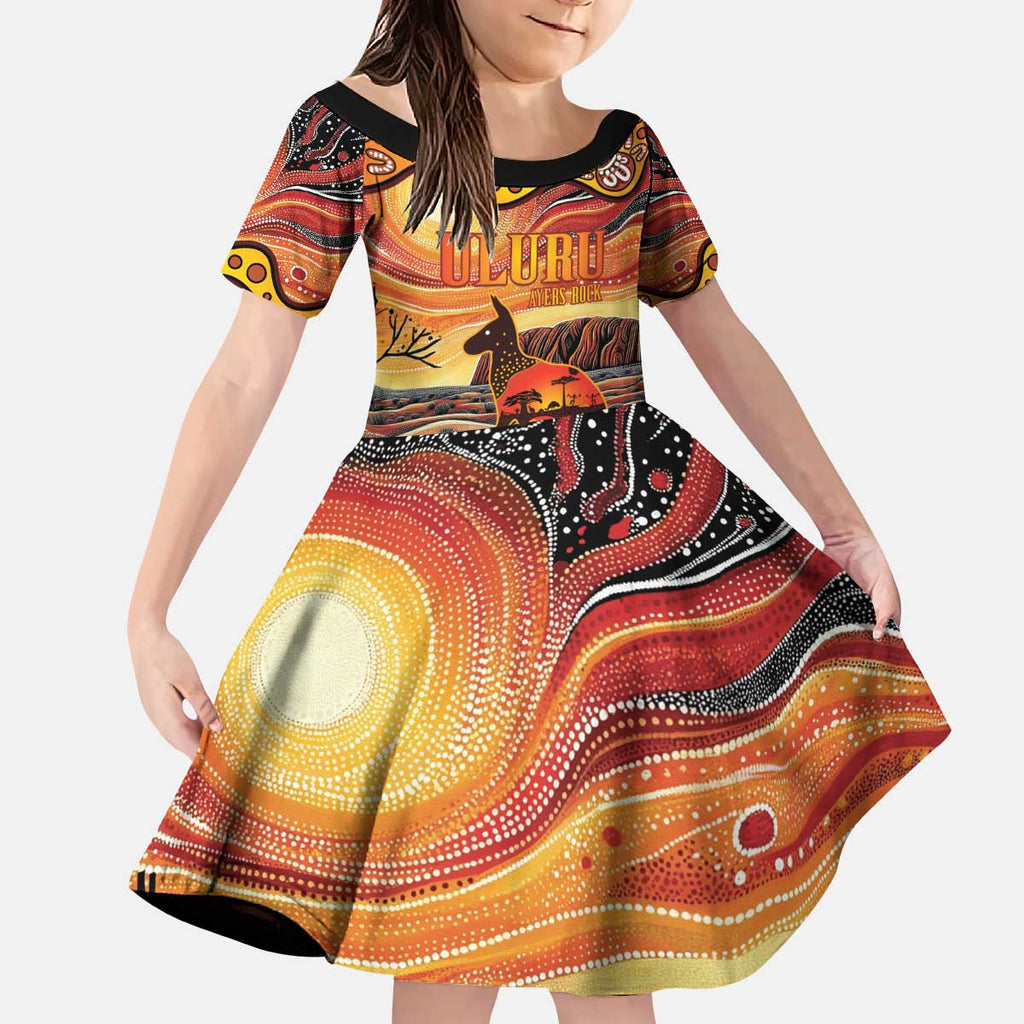 Northern Territory Uluru Kid Short Sleeve Dress Ayers Rock Kangaroo Aboriginal Art