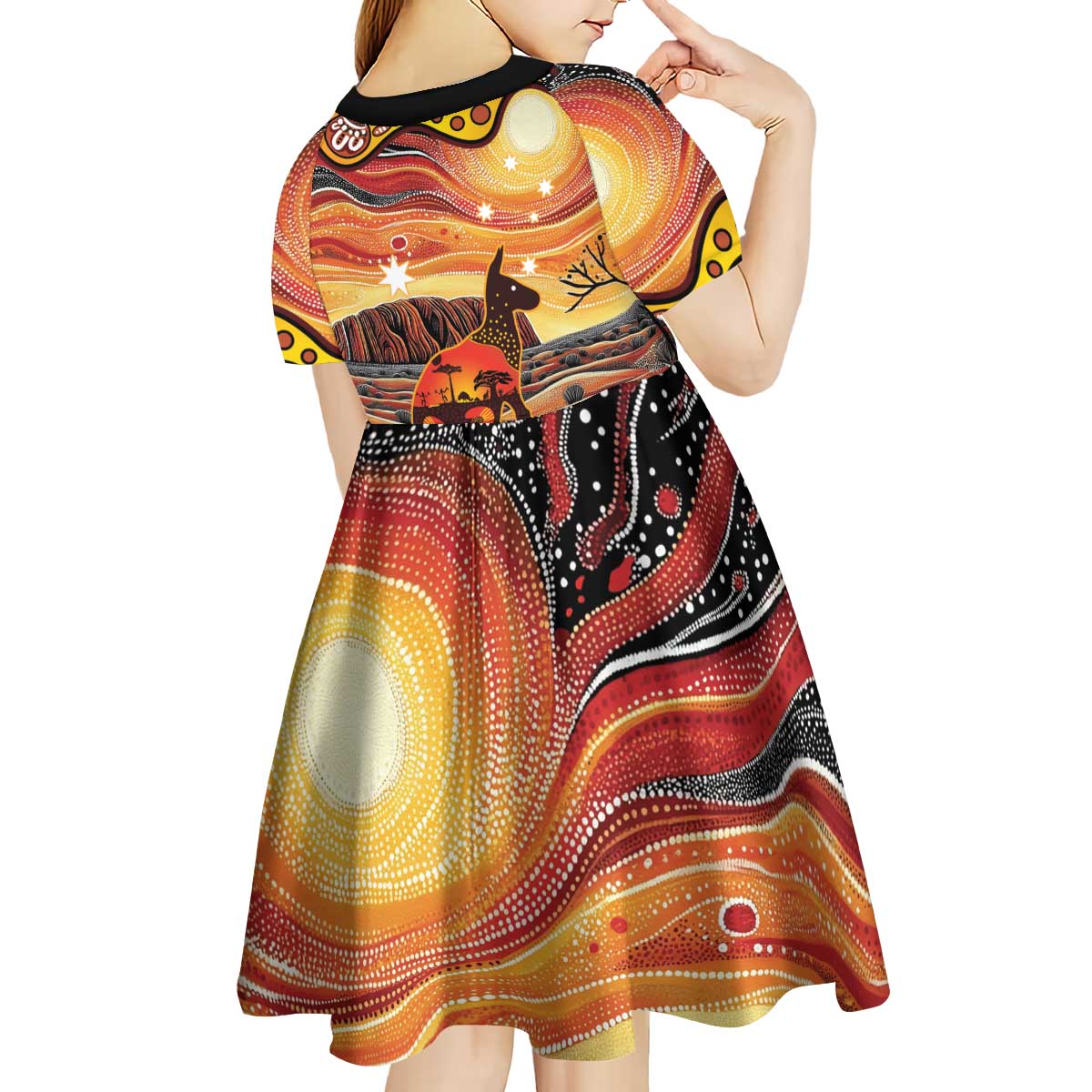 Northern Territory Uluru Kid Short Sleeve Dress Ayers Rock Kangaroo Aboriginal Art