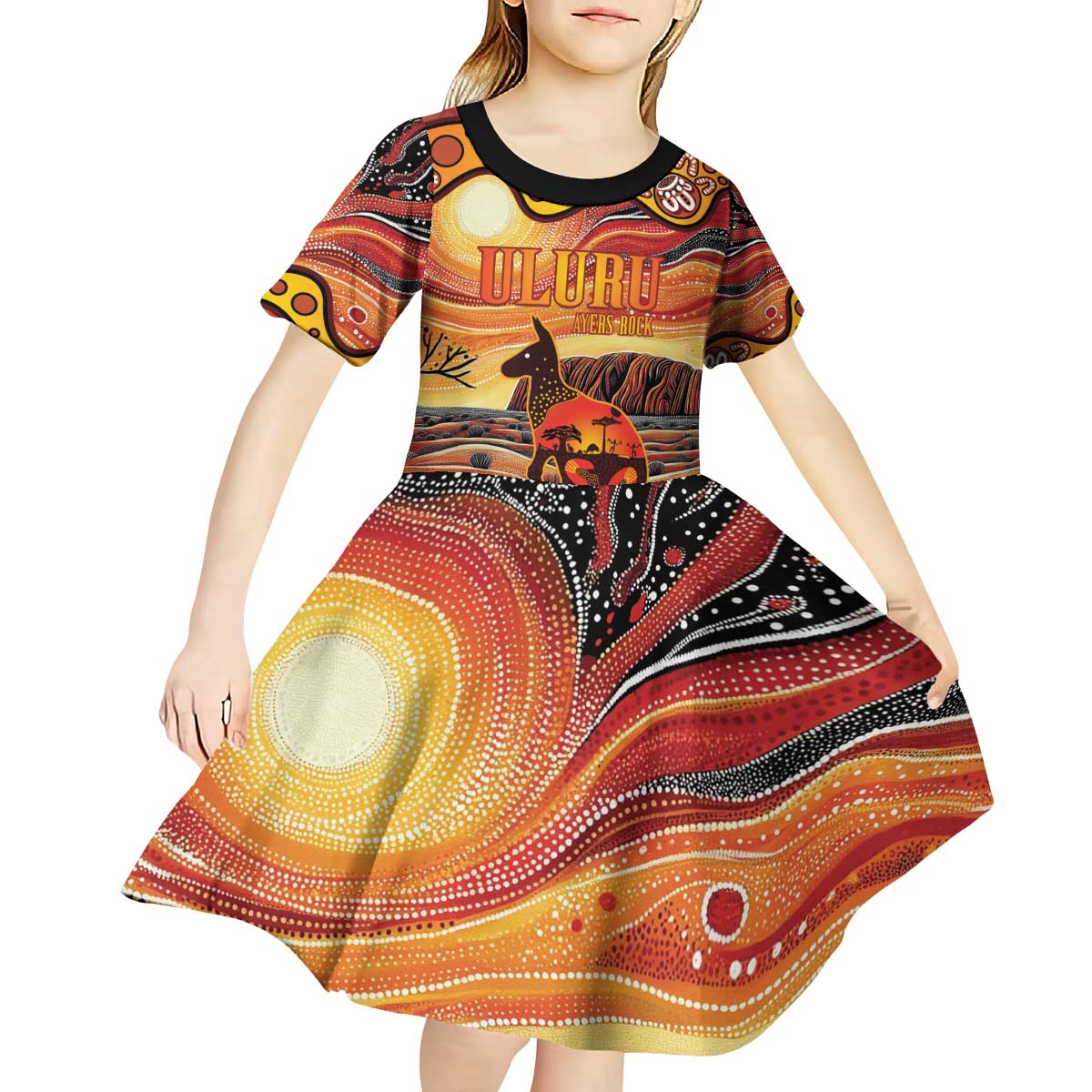 Northern Territory Uluru Kid Short Sleeve Dress Ayers Rock Kangaroo Aboriginal Art
