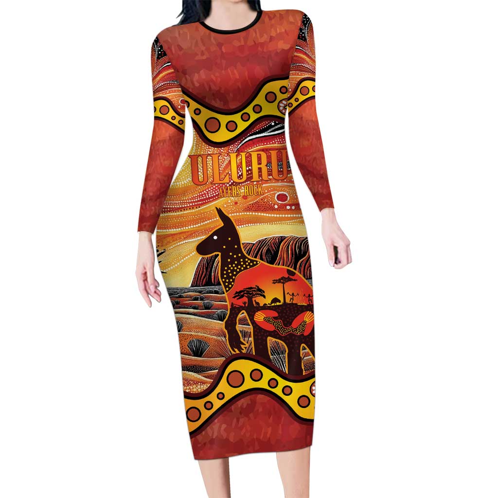 Northern Territory Uluru Long Sleeve Bodycon Dress Ayers Rock Kangaroo Aboriginal Art