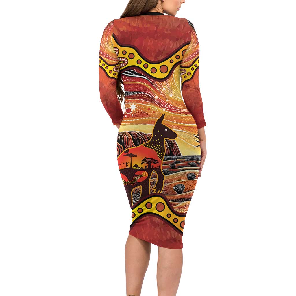 Northern Territory Uluru Long Sleeve Bodycon Dress Ayers Rock Kangaroo Aboriginal Art