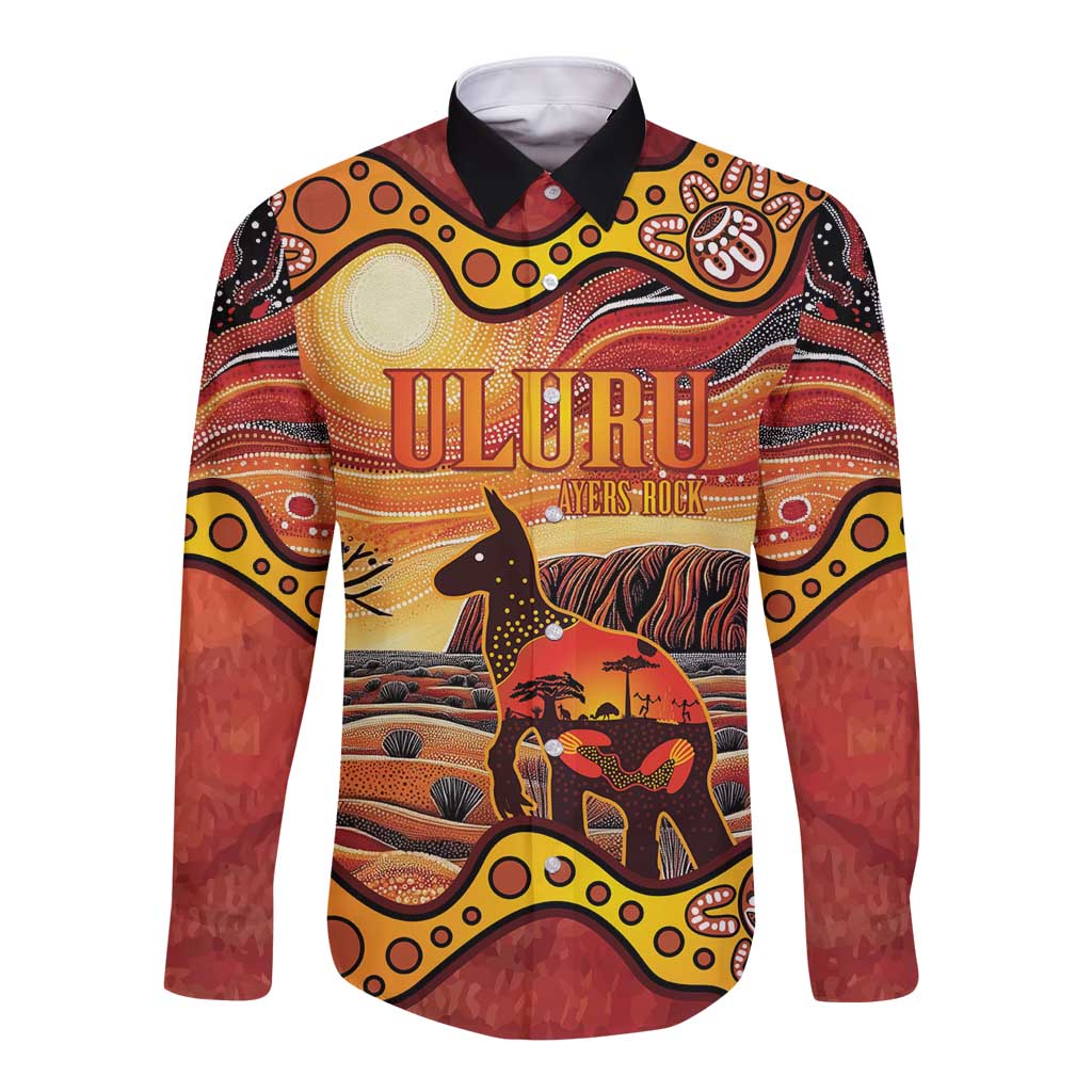 Northern Territory Uluru Long Sleeve Button Shirt Ayers Rock Kangaroo Aboriginal Art