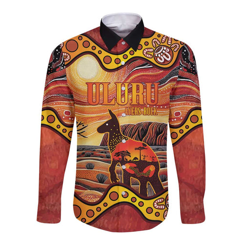 Northern Territory Uluru Long Sleeve Button Shirt Ayers Rock Kangaroo Aboriginal Art