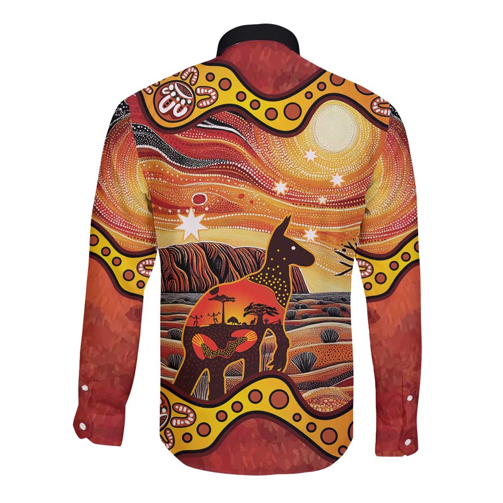 Northern Territory Uluru Long Sleeve Button Shirt Ayers Rock Kangaroo Aboriginal Art