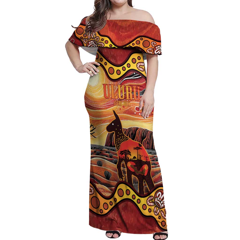Northern Territory Uluru Off Shoulder Maxi Dress Ayers Rock Kangaroo Aboriginal Art