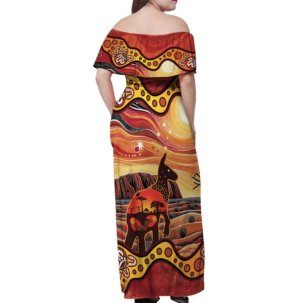 Northern Territory Uluru Off Shoulder Maxi Dress Ayers Rock Kangaroo Aboriginal Art
